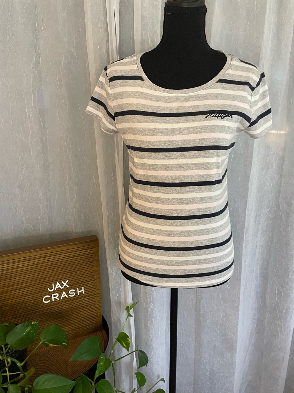 Tommy Hilfiger Cream, White & Black Striped Short Sleeve Tee